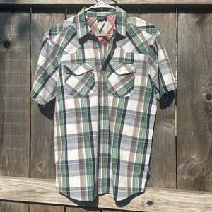 Men’s Patagonia Button Up short sleeve plaid shirt size S organic cotton minty